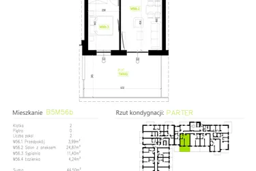 Rzut - Mieszkanie na sprzedaż 2 pokoje o powierzchni 44,5 m² - numer B5M56b w Osiedle Natura Park etap II