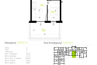 Rzut - Mieszkanie na sprzedaż 2 pokoje o powierzchni 44,24 m² - numer B5M57b w Osiedle Natura Park etap II