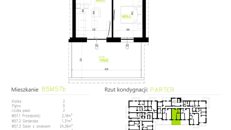 Rzut - Mieszkanie na sprzedaż 2 pokoje o powierzchni 44,24 m² - numer B5M57b w Osiedle Natura Park etap II