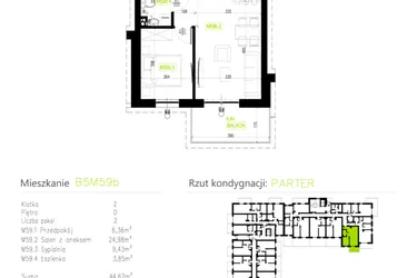 Rzut - Mieszkanie na sprzedaż 2 pokoje o powierzchni 44,62 m² - numer B5M59b w Osiedle Natura Park etap II