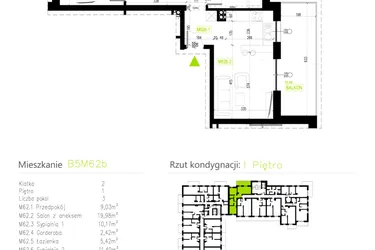 Rzut - Mieszkanie na sprzedaż 3 pokoje o powierzchni 58,42 m² - numer B5M62b w Osiedle Natura Park etap II