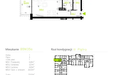 Rzut - Mieszkanie na sprzedaż 1 pokój o powierzchni 33,67 m² - numer B5M35a w Osiedle Natura Park etap II