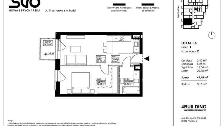 Rzut - Mieszkanie na sprzedaż 2 pokoje o powierzchni 44,48 m² - numer 1.6 w Nowa Strycharska | STR 6