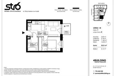 Rzut - Mieszkanie na sprzedaż 2 pokoje o powierzchni 35,31 m² - numer 1.8 w Nowa Strycharska | STR 6