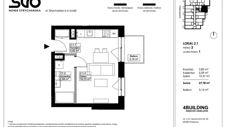 Rzut - Mieszkanie na sprzedaż 1 pokój o powierzchni 27,78 m² - numer 2.1 w Nowa Strycharska | STR 6