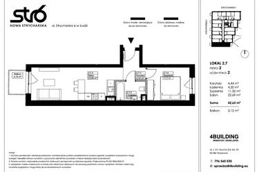 Rzut - Mieszkanie na sprzedaż 2 pokoje o powierzchni 42,65 m² - numer 2.7 w Nowa Strycharska | STR 6