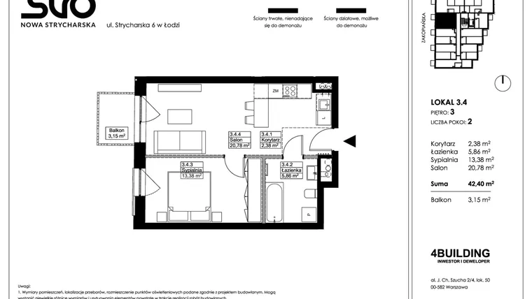 Rzut - Mieszkanie na sprzedaż 2 pokoje o powierzchni 42,4 m² - numer 3.4 w Nowa Strycharska | STR 6