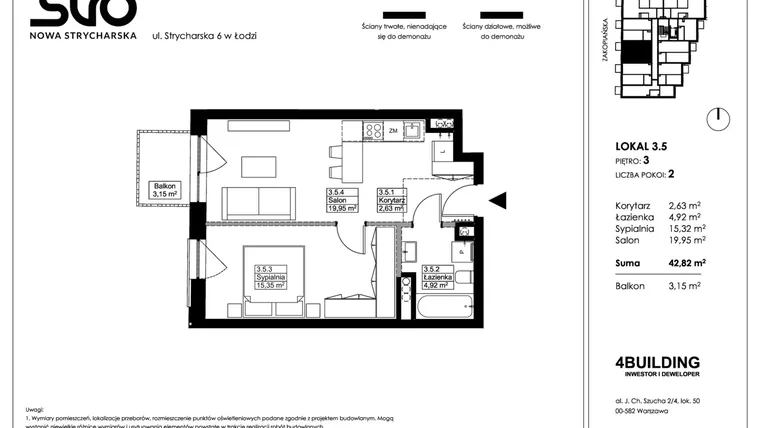 Rzut - Mieszkanie na sprzedaż 2 pokoje o powierzchni 42,82 m² - numer 3.5 w Nowa Strycharska | STR 6