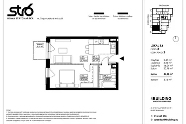 Rzut - Mieszkanie na sprzedaż 2 pokoje o powierzchni 44,48 m² - numer 3.6 w Nowa Strycharska | STR 6