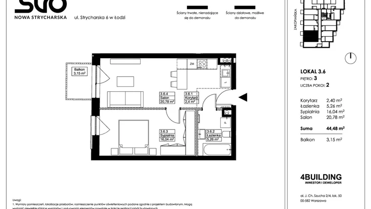Rzut - Mieszkanie na sprzedaż 2 pokoje o powierzchni 44,48 m² - numer 3.6 w Nowa Strycharska | STR 6