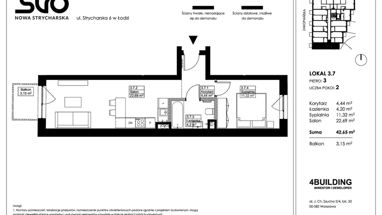 Rzut - Mieszkanie na sprzedaż 2 pokoje o powierzchni 42,65 m² - numer 3.7 w Nowa Strycharska | STR 6