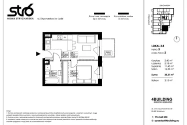 Rzut - Mieszkanie na sprzedaż 2 pokoje o powierzchni 35,31 m² - numer 3.8 w Nowa Strycharska | STR 6