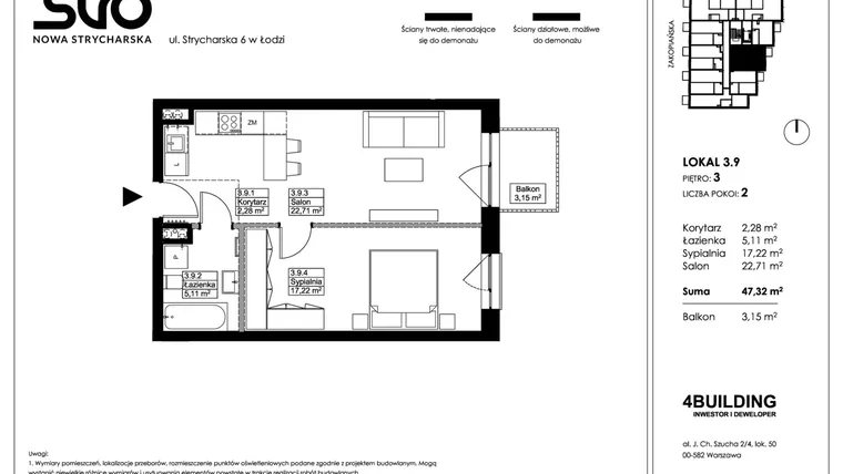 Rzut - Mieszkanie na sprzedaż 2 pokoje o powierzchni 47,32 m² - numer 3.9 w Nowa Strycharska | STR 6