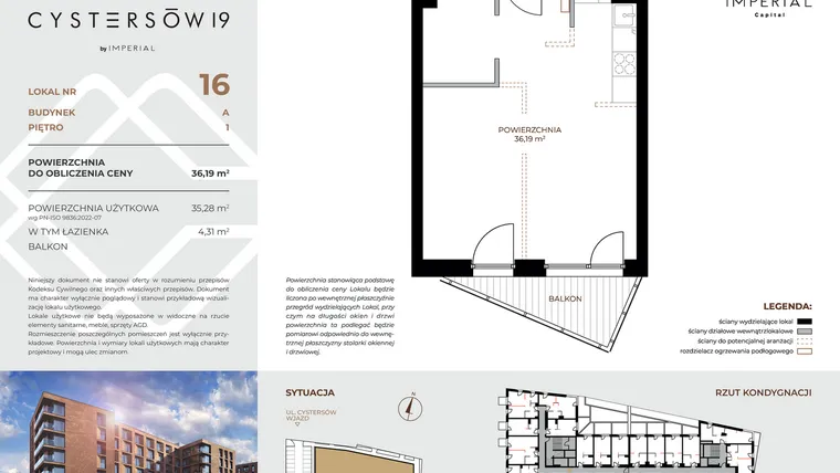 Rzut - Mieszkanie na sprzedaż 1 pokój o powierzchni 36,19 m² - numer 16 w Cystersów 19 - lokale inwestycyjne