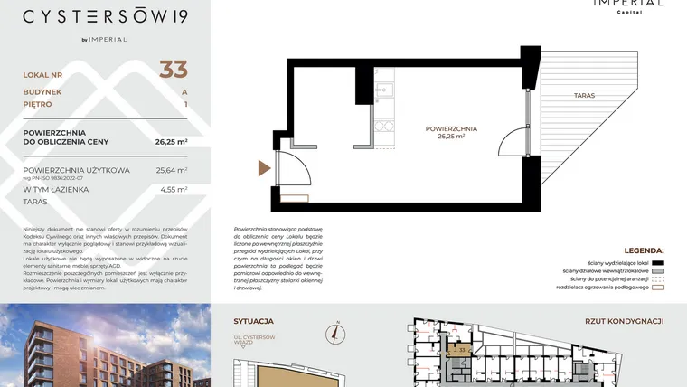 Rzut - Mieszkanie na sprzedaż 1 pokój o powierzchni 26,25 m² - numer 33 w Cystersów 19 - lokale inwestycyjne
