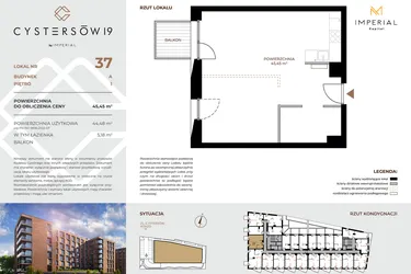 Rzut - Mieszkanie na sprzedaż 1 pokój o powierzchni 45,45 m² - numer 37 w Cystersów 19 - lokale inwestycyjne