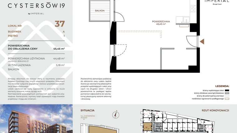 Rzut - Mieszkanie na sprzedaż 1 pokój o powierzchni 45,45 m² - numer 37 w Cystersów 19 - lokale inwestycyjne