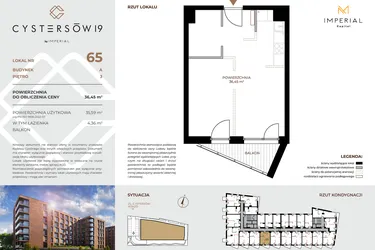 Rzut - Mieszkanie na sprzedaż 1 pokój o powierzchni 36,45 m² - numer 65 w Cystersów 19 - lokale inwestycyjne