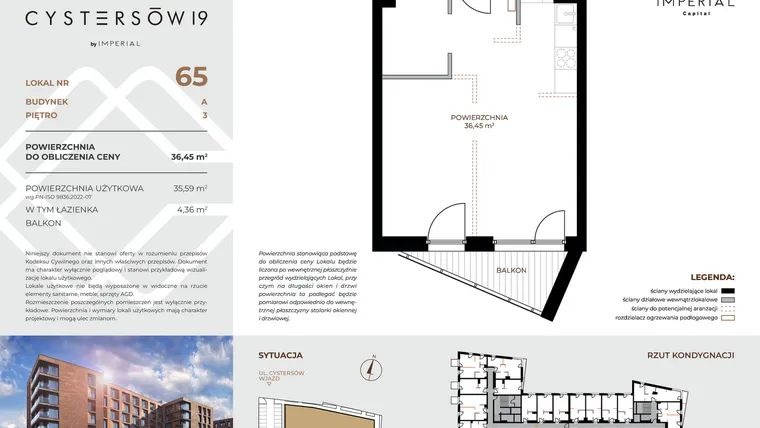 Rzut - Mieszkanie na sprzedaż 1 pokój o powierzchni 36,45 m² - numer 65 w Cystersów 19 - lokale inwestycyjne