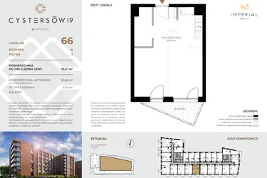 Rzut - Mieszkanie na sprzedaż 1 pokój o powierzchni 36,51 m² - numer 66 w Cystersów 19 - lokale inwestycyjne