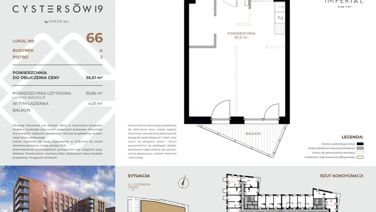 Rzut - Mieszkanie na sprzedaż 1 pokój o powierzchni 36,51 m² - numer 66 w Cystersów 19 - lokale inwestycyjne