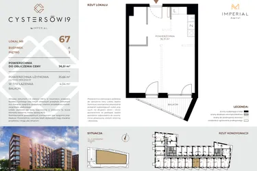 Rzut - Mieszkanie na sprzedaż 1 pokój o powierzchni 36,51 m² - numer 67 w Cystersów 19 - lokale inwestycyjne
