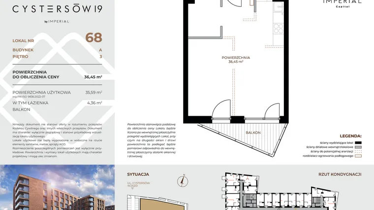 Rzut - Mieszkanie na sprzedaż 1 pokój o powierzchni 36,45 m² - numer 68 w Cystersów 19 - lokale inwestycyjne