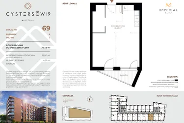 Rzut - Mieszkanie na sprzedaż 1 pokój o powierzchni 36,45 m² - numer 69 w Cystersów 19 - lokale inwestycyjne