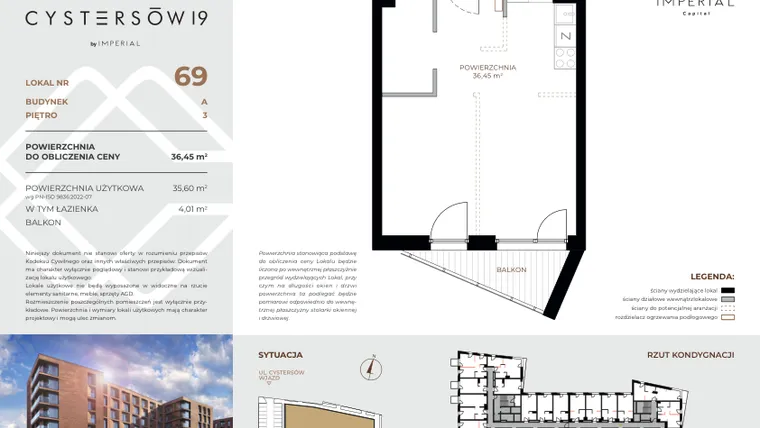 Rzut - Mieszkanie na sprzedaż 1 pokój o powierzchni 36,45 m² - numer 69 w Cystersów 19 - lokale inwestycyjne