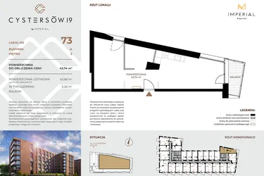 Rzut - Mieszkanie na sprzedaż 1 pokój o powierzchni 44,02 m² - numer 73 w Cystersów 19 - lokale inwestycyjne