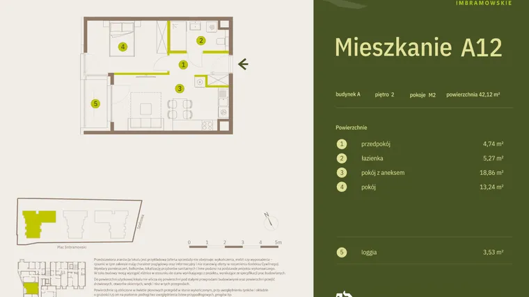 Rzut - Mieszkanie na sprzedaż 2 pokoje o powierzchni 42,12 m² - numer A12 w Osiedle Imbramowskie