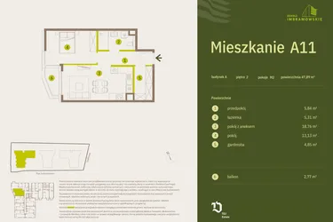 Rzut - Mieszkanie na sprzedaż 2 pokoje o powierzchni 47,89 m² - numer A11 w Osiedle Imbramowskie