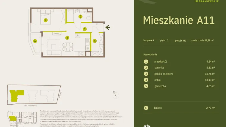 Rzut - Mieszkanie na sprzedaż 2 pokoje o powierzchni 47,89 m² - numer A11 w Osiedle Imbramowskie