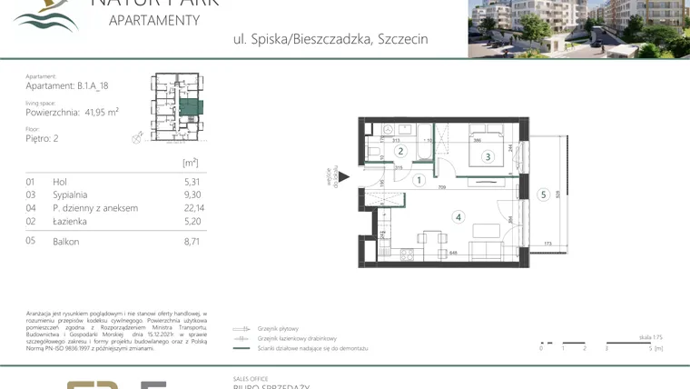 Rzut - Mieszkanie na sprzedaż 2 pokoje o powierzchni 41,95 m² - numer A_18 w Natur Park