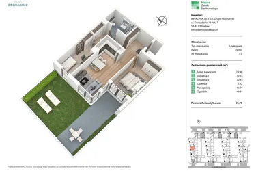 Rzut - Mieszkanie na sprzedaż 3 pokoje o powierzchni 59,79 m² - numer F3 w Nowe Żerniki Bieńkowskiego etap II