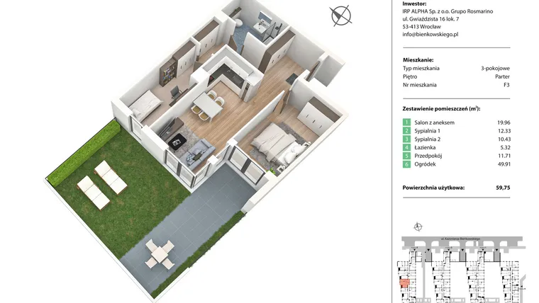 Rzut - Mieszkanie na sprzedaż 3 pokoje o powierzchni 59,79 m² - numer F3 w Nowe Żerniki Bieńkowskiego etap II