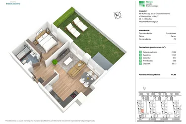 Rzut - Mieszkanie na sprzedaż 2 pokoje o powierzchni 44,46 m² - numer F5 w Nowe Żerniki Bieńkowskiego etap II