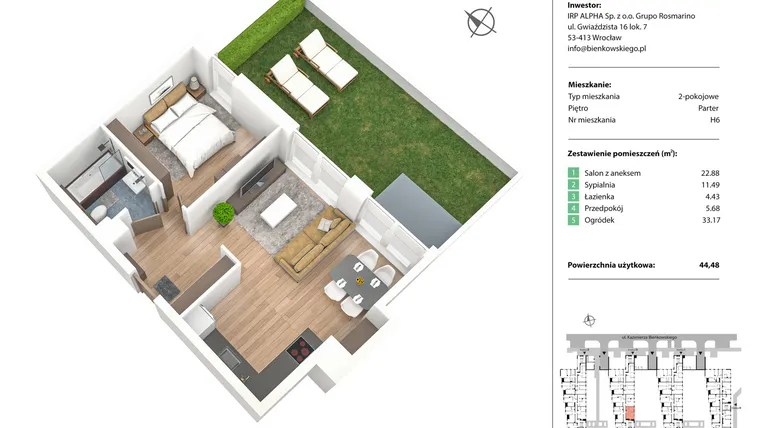 Rzut - Mieszkanie na sprzedaż 2 pokoje o powierzchni 44,53 m² - numer H6 w Nowe Żerniki Bieńkowskiego etap II