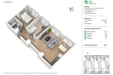 Rzut - Mieszkanie na sprzedaż 3 pokoje o powierzchni 58,73 m² - numer K1 w Nowe Żerniki Bieńkowskiego etap II