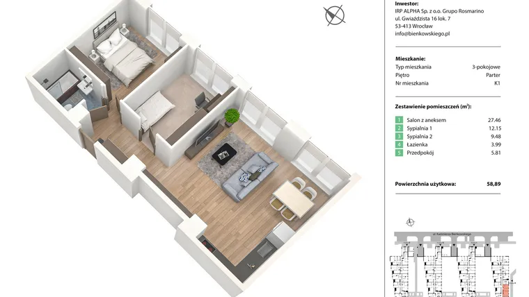 Rzut - Mieszkanie na sprzedaż 3 pokoje o powierzchni 58,73 m² - numer K1 w Nowe Żerniki Bieńkowskiego etap II