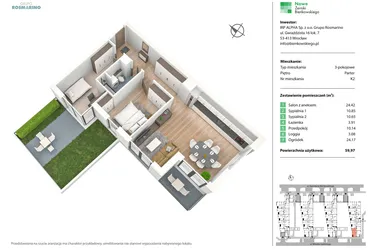 Rzut - Mieszkanie na sprzedaż 3 pokoje o powierzchni 59,88 m² - numer K2 w Nowe Żerniki Bieńkowskiego etap II