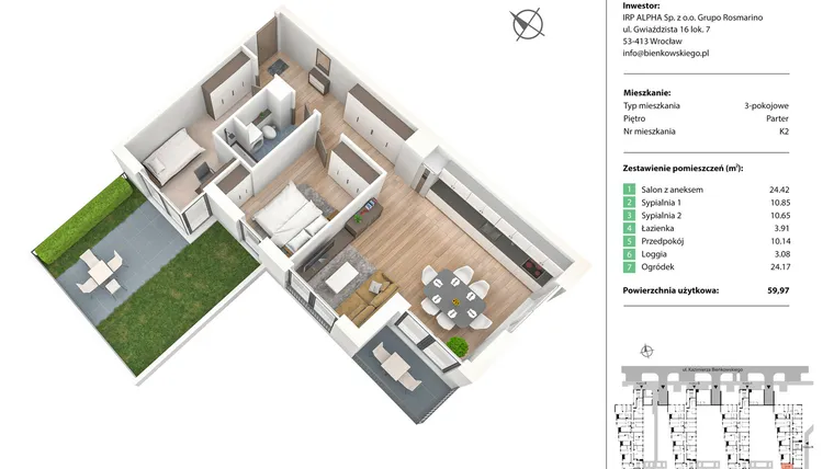 Rzut - Mieszkanie na sprzedaż 3 pokoje o powierzchni 59,88 m² - numer K2 w Nowe Żerniki Bieńkowskiego etap II