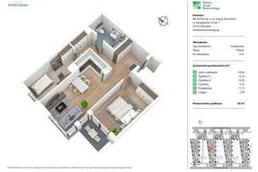 Rzut - Mieszkanie na sprzedaż 3 pokoje o powierzchni 59,75 m² - numer H10 w Nowe Żerniki Bieńkowskiego etap II