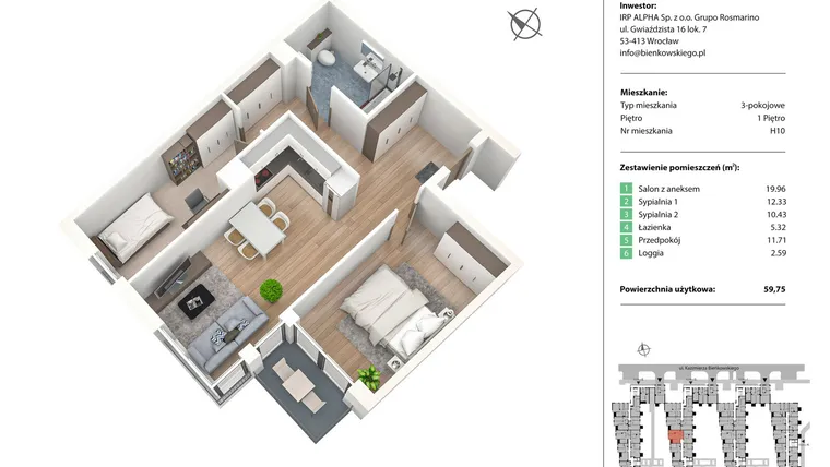 Rzut - Mieszkanie na sprzedaż 3 pokoje o powierzchni 59,75 m² - numer H10 w Nowe Żerniki Bieńkowskiego etap II