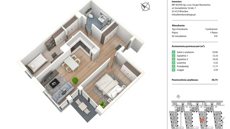 Rzut - Mieszkanie na sprzedaż 3 pokoje o powierzchni 59,75 m² - numer J10 w Nowe Żerniki Bieńkowskiego etap II