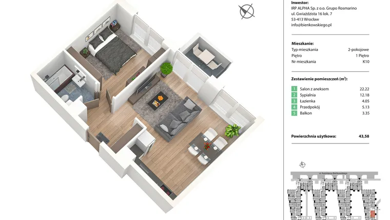 Rzut - Mieszkanie na sprzedaż 2 pokoje o powierzchni 43,51 m² - numer K10 w Nowe Żerniki Bieńkowskiego etap II