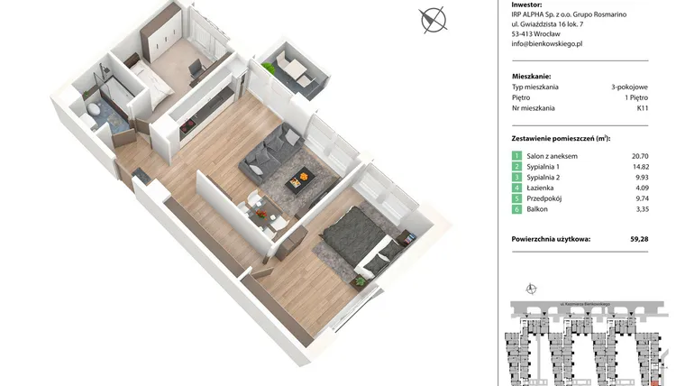 Rzut - Mieszkanie na sprzedaż 3 pokoje o powierzchni 59,23 m² - numer K11 w Nowe Żerniki Bieńkowskiego etap II