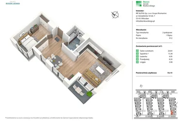 Rzut - Mieszkanie na sprzedaż 2 pokoje o powierzchni 53,09 m² - numer K12 w Nowe Żerniki Bieńkowskiego etap II