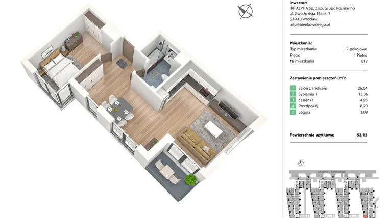 Rzut - Mieszkanie na sprzedaż 2 pokoje o powierzchni 53,09 m² - numer K12 w Nowe Żerniki Bieńkowskiego etap II
