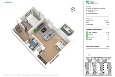 Rzut - Mieszkanie na sprzedaż 2 pokoje o powierzchni 43,08 m² - numer H13 w Nowe Żerniki Bieńkowskiego etap II
